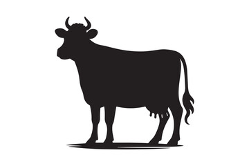 Solid Black Cow Silhouette in Profile on White Background