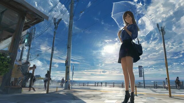 通り雨でビニール傘をさす女性