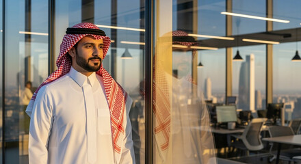 A thoughtful businessman in traditional Middle Eastern attire looks out from a modern building overlooking a cityscape at sunset.