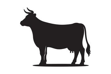 Solid Black Cow Silhouette in Profile on White Background