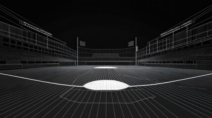 Wireframe illustration of a stadium interior, field, seating, in perspective