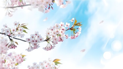 Delicate pink cherry blossoms bloom against a soft blue sky sakura spring