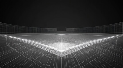 Wireframe rendering of a baseball diamond, showing the infield, outfield walls, and stands, all in a minimalist, light-grey wireframe style against a dark background