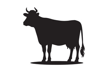 Solid Black Cow Silhouette in Profile on White Background