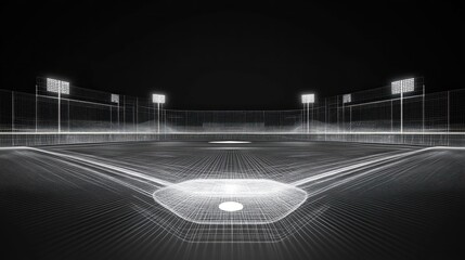 Wireframe rendering of a baseball field at night, illuminated by spotlights, showing a detailed, almost ethereal, representation of the diamond and surrounding field. 