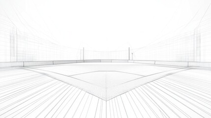Wireframe rendering of a baseball field, showcasing a minimalist design with converging lines and a focus on the infield.  The background features simplified building outlines