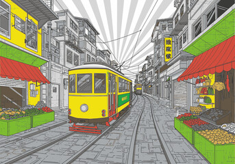 Naklejka premium A vibrant yellow tram travels down a bustling market street in a stylized, selectively colored city illustration.