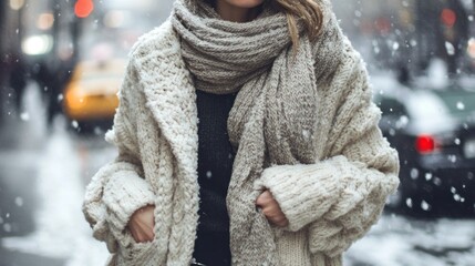 Woman in winter coat and scarf amidst snowy city street