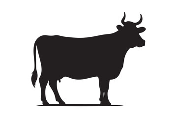 Solid Black Cow Silhouette in Profile on White Background