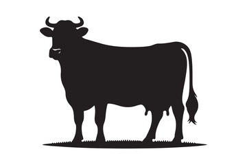 Solid Black Cow Silhouette in Profile on White Background