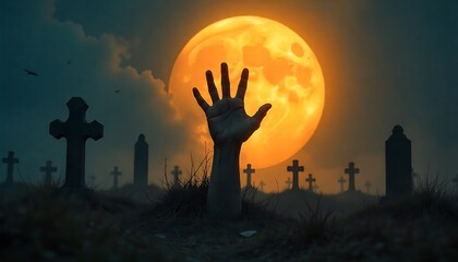 A zombie hand rising from the cemetery in a spooky night. Halloween party card, halloween background template symbolizing supernatural horror and undead emergence, created with generative ai