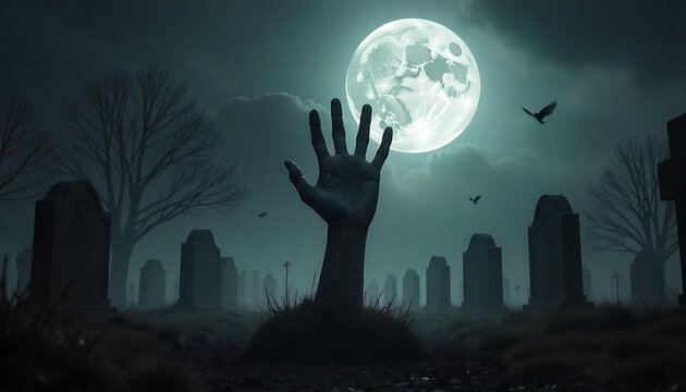 A zombie hand rising from the cemetery in a spooky night. Halloween party card, halloween background template symbolizing supernatural horror and undead emergence, created with generative ai