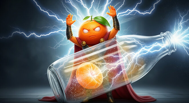 Angry orange superhero, cloaked, emerges from bottle, surrounded by lightning.