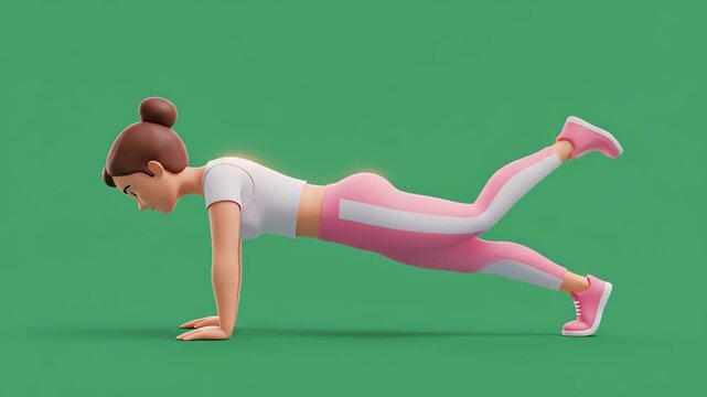 Exercise cartoon a cartoon woman in sportswear is doing a donkey kick exercise on a green background, showcasing her strength and balance