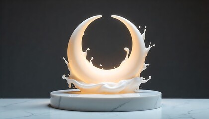 abstract crescent moon sculpture in white translucent fluid on white marble, created with generative ai