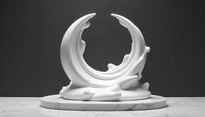 abstract crescent moon sculpture in white translucent fluid on white marble, created with generative ai