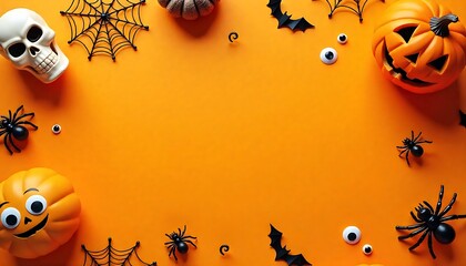 Halloween Flat Lay with Pumpkins, Jack-o'-Lanterns, and Bats on orange background with copyspace, Festive Halloween background, Festive holiday backdrop with copy space, created with generative ai