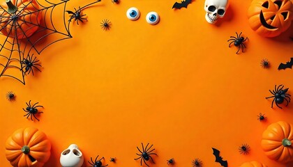 Halloween Flat Lay with Pumpkins, Jack-o'-Lanterns, and Bats on orange background with copyspace, Festive Halloween background, Festive holiday backdrop with copy space, created with generative ai