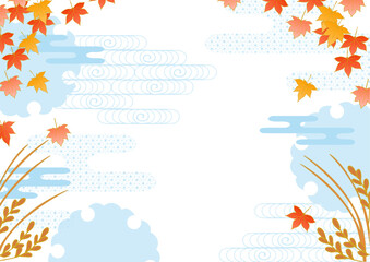 和柄 シンプルで上品な紅葉柄フレームベクター背景透過 水色 Japanese pattern Simple and elegant autumn leaves pattern frame vector background Transparent sky blue