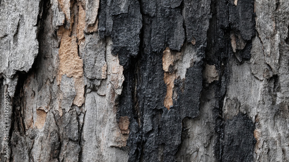 Poster a close-up view of tree bark highlighting a mix of grey, black, and brown hues. the varied textures 