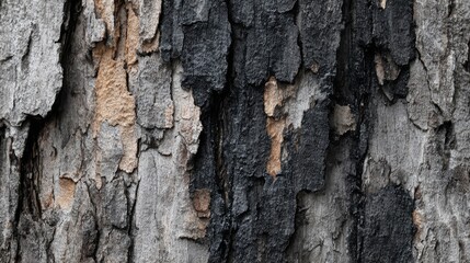 Fototapeta premium A close-up view of tree bark highlighting a mix of grey, black, and brown hues. The varied textures create an intriguing and natural pattern in a forest environment.