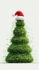 Creative Christmas tree made of green foliage adorned with a festive Santa hat, showcasing holiday spirit in a unique and artistic manner