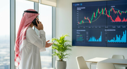 A businessman in traditional Middle Eastern attire makes a phone call while reviewing financial data displayed on large screens in a modern .