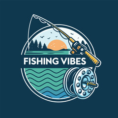 Fototapeta premium Fishing T-Shirt Design with Fish Icon and Logo – Vintage Angler Graphic, Outdoor Sport Print, Retro Fishing Emblem for Apparel, Merchandise, Branding, or Badges 