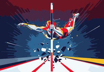 Stylized illustration of a pole vaulter in mid-air, clearing the bar with explosive energy.