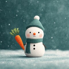 Snowman holds carrot in snowy landscape with teal background during winter season