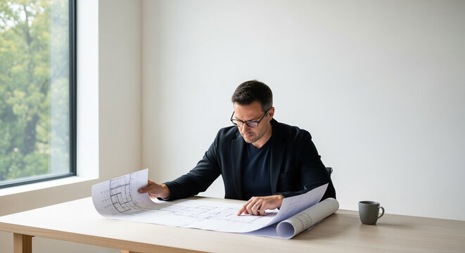A focused architect meticulously reviews blueprints at his desk, sunlight illuminating the workspace. - Powered by Adobe