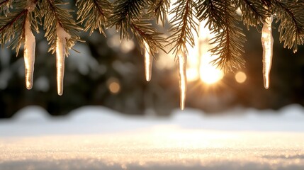 Icicles hang from pine branches, sunlit snow in background