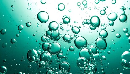 Teal bubbles ascend in a liquid, illuminated from above