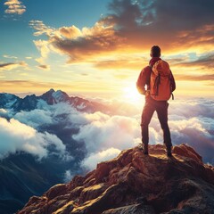 Fototapeta premium Man stands atop mountain peak at sunrise