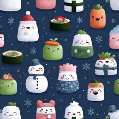 Fun and colorful winter-themed pattern featuring happy food characters in festive attire on a dark background