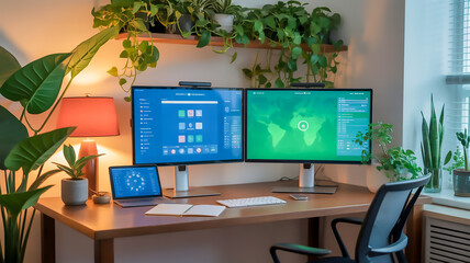 A modern workspace with dual monitors, laptop, and plants creating a productive environment