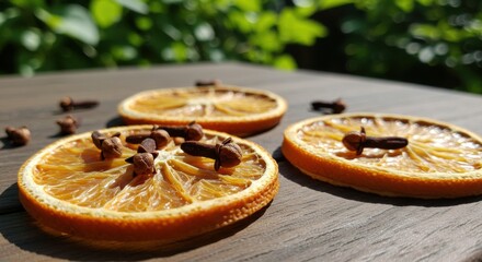 picture of cloves | Dried orange slices adorned with cloves resting on a wooden table, surrounded by lush greenery, creating a warm and inviting atmosphere perfect for home decor