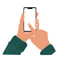 Female Hands holding mobile phone. Fingers touching, scrolling smartphone screen, using applications. Empty screen, phone mockup. Flat vector illustration isolated	
