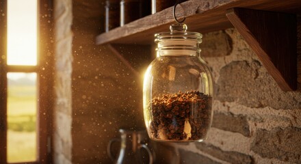 picture of cloves | A rustic glass jar filled with spices hangs from a wooden shelf in a sunlit kitchen, with a scenic countryside view visible through the window in the background