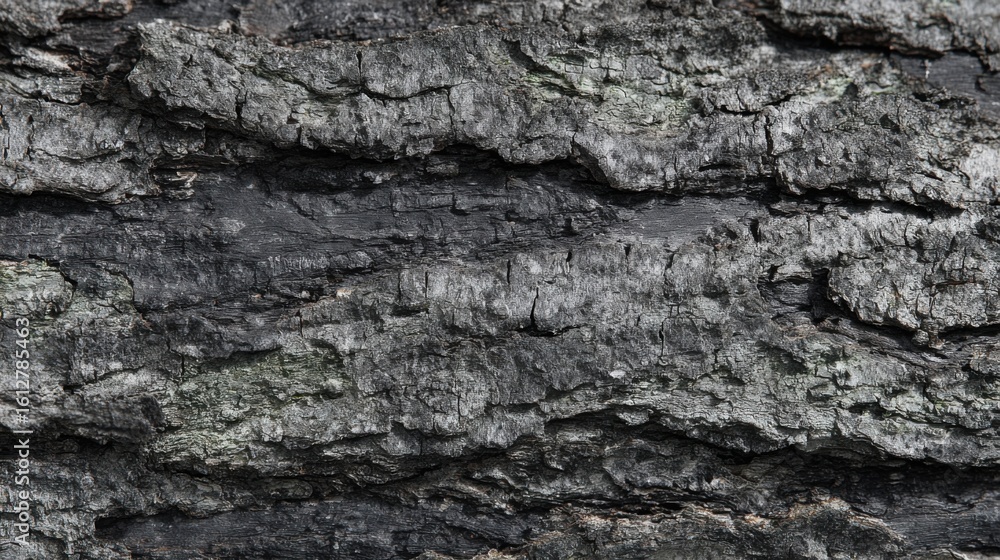 Poster the rough surface of tree bark displays intricate patterns and textures, showcasing shades of gray a