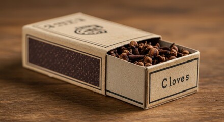 picture of cloves | A close-up view of an open box of cloves on a wooden surface, showcasing the rich brown spices, with a rustic background enhancing the natural feel of the scene