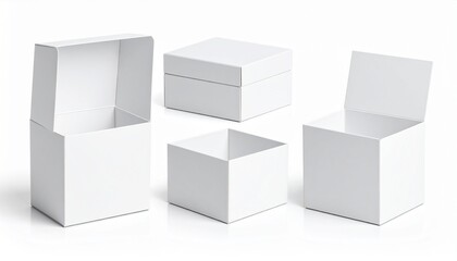 Versatile White Square Box Mockup Set: Open Closed and Lidless on a Reflective Surface.
