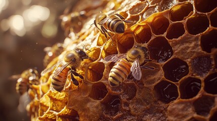 Close-up view of honeybees on a honeycomb.