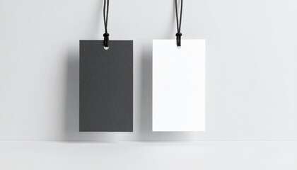 Symmetrical Duo: Blank Black and White Product Tags Hanging in Minimalist Contrast.