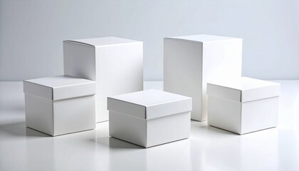 Architectural Still Life of White Boxes with Soft Shadows and Reflections.