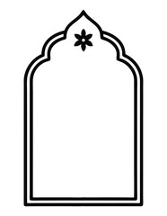 Black silhouette of an arched frame with floral motif and double border black and white