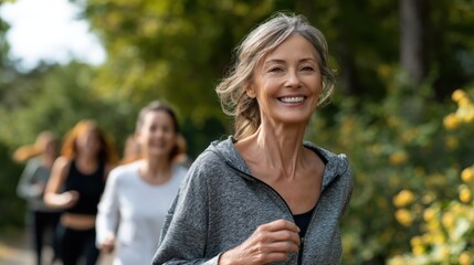 Active senior woman jogging outdoors in park with group of women, smiling and energetic in athletic wear, surrounded by green trees and blooming flowers on a sunny day promoting healthy lifestyle