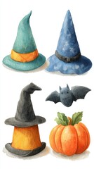 Various witch hats, a bat, and a pumpkin captured in a whimsical autumn design