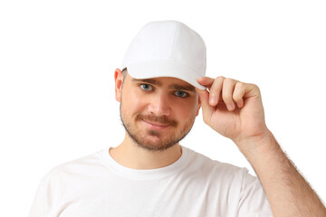 Man in white cap and shirt, smiling, isolated on white, PNG