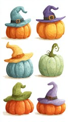 Colorful witch hats atop pumpkins create a whimsical autumn display for seasonal festivities